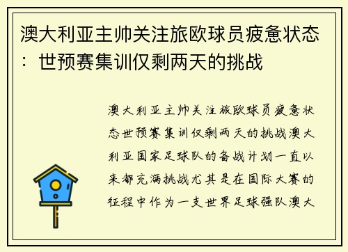 澳大利亚主帅关注旅欧球员疲惫状态：世预赛集训仅剩两天的挑战