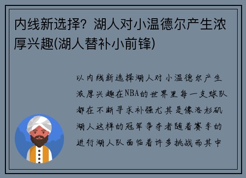 内线新选择？湖人对小温德尔产生浓厚兴趣(湖人替补小前锋)