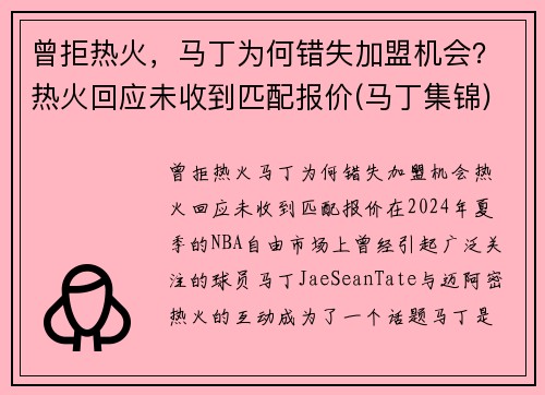 曾拒热火，马丁为何错失加盟机会？热火回应未收到匹配报价(马丁集锦)