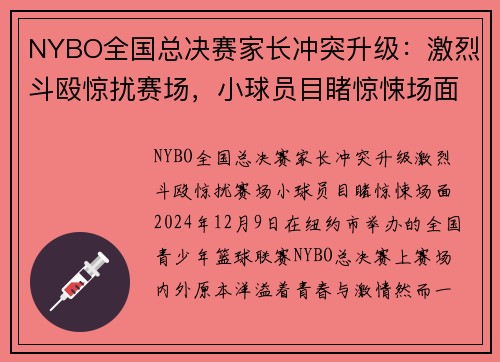 NYBO全国总决赛家长冲突升级：激烈斗殴惊扰赛场，小球员目睹惊悚场面