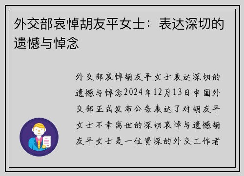 外交部哀悼胡友平女士：表达深切的遗憾与悼念