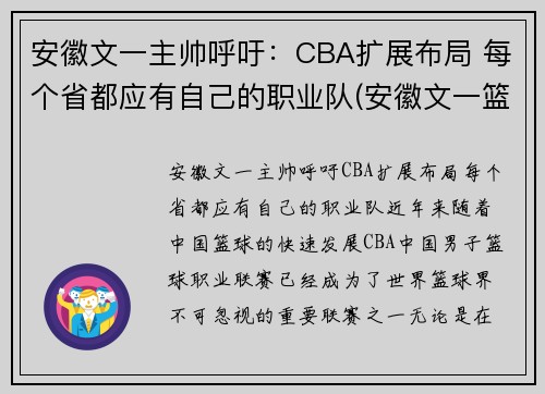 安徽文一主帅呼吁：CBA扩展布局 每个省都应有自己的职业队(安徽文一篮球队队员)