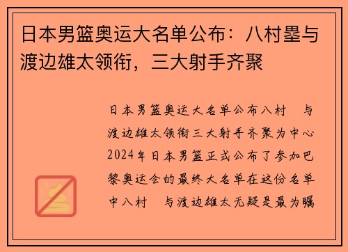 日本男篮奥运大名单公布：八村塁与渡边雄太领衔，三大射手齐聚