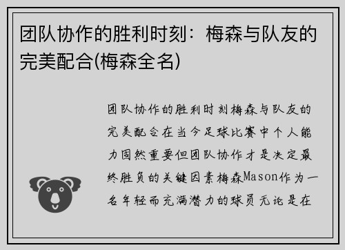 团队协作的胜利时刻：梅森与队友的完美配合(梅森全名)